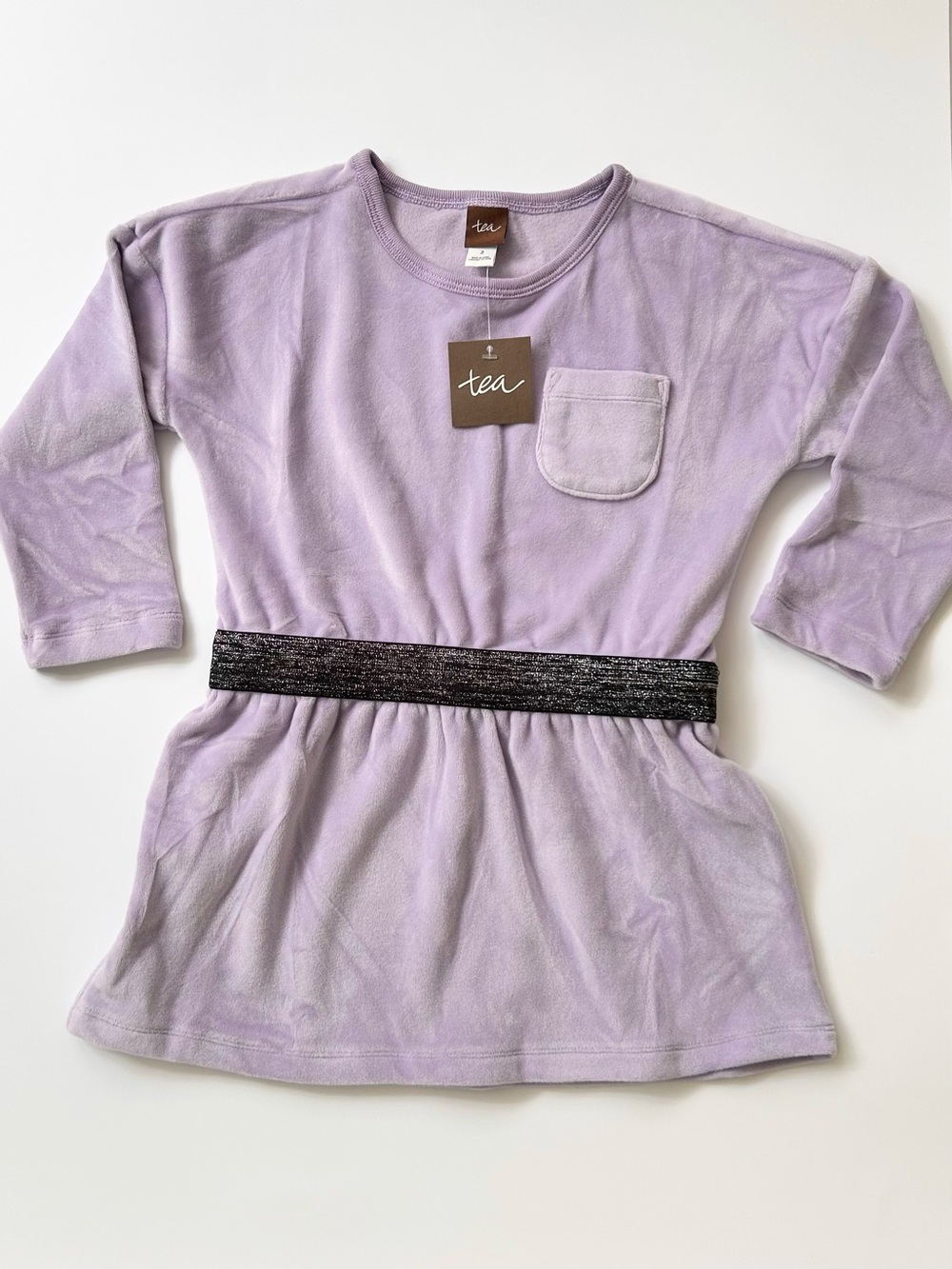 NWT Tea Collection Violet Mist Velour Sparkle Waistband Drop Shoulder Dress Sz 2